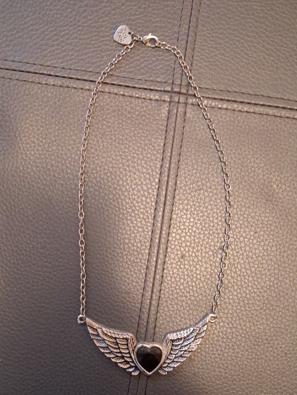 Silver Winged Heart Necklace with Black Stone & 2 Sets of Silver Hoops- 3 ITEMS